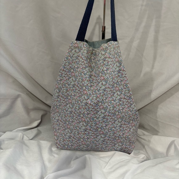 Vintage Handmade Blue Denim Floral Shoulder Tote Bag Purse Reversible - Picture 10 of 12
